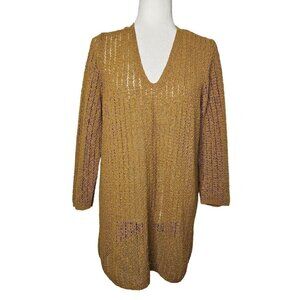 J. Jill Size Medium Gold V-Neck Open Knit Lightweight Tunic Sweater 3/4 Sleeve